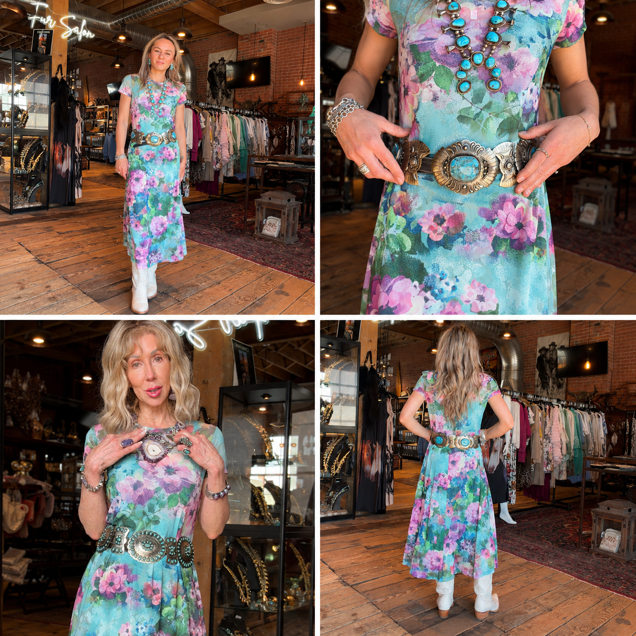 Showcase the Magnolia Meadows Dress by Johnny Was featuring a colorful floral print, a comfortable f 