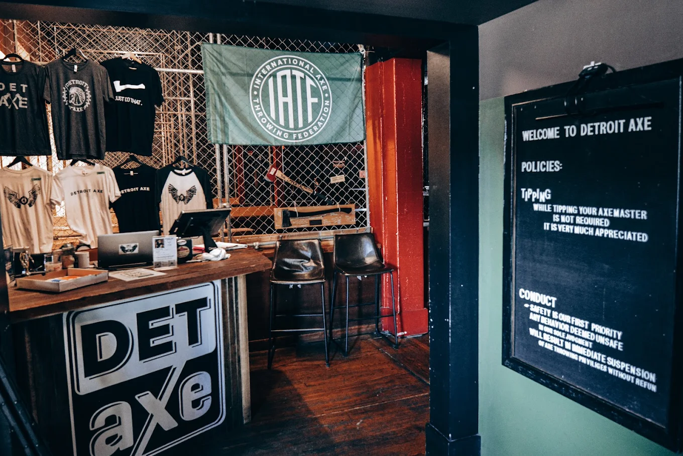 Step into Detroit Axe Ferndale and experience a professionally designed venue where axe throwing, safety, and social atmosphere come together. From expert-led sessions to branded merchandise and organized gameplay, every detail is built to deliver a fun, memorable, and high-quality experience for groups, events, and walk-ins.