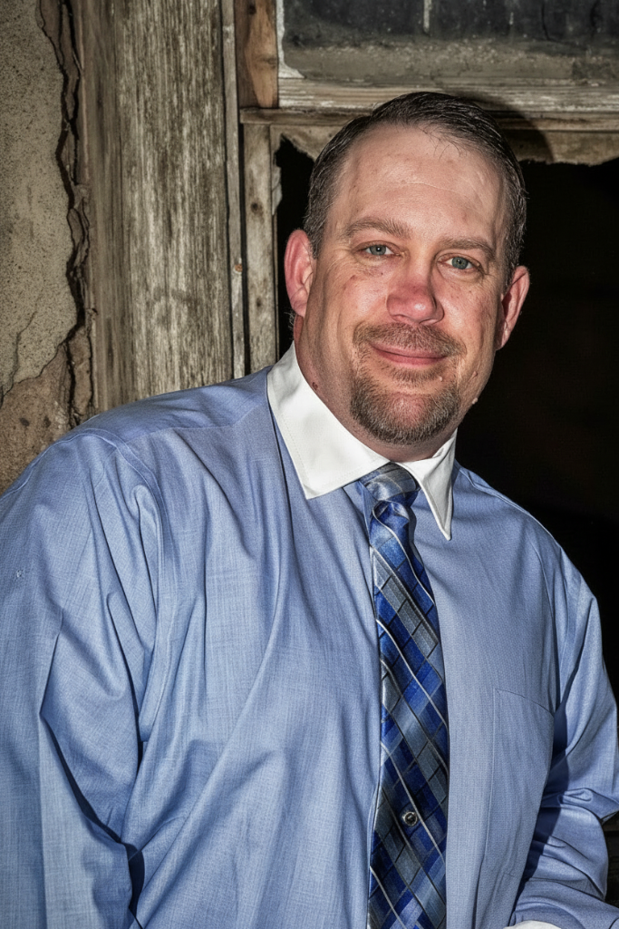 A portrait of a middle-aged Caucasian man with fair skin, blue eyes, and short brown hair, a goatee, and a slight smile. He is wearing a light blue dress shirt with a white collar and a blue, gray, and white checkered tie. The background appears to be an old, weathered wooden wall with cracked plaster on the left and a broken window frame at the top right, suggesting an abandoned or rustic setting.