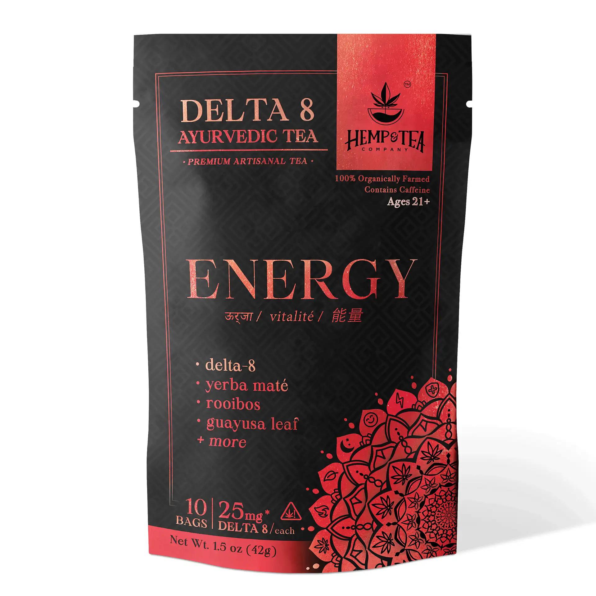 Bring vitality to your spirit with our hand-crafted Delta 8 Tea.

Our Energy blend is designed with water soluble Delta 8, which is 4x more bioavailable than other forms. Alongside herbs that have been used for centuries to restore fatigue and deliver natural energy, our blend contains Gotu Kola leaf, for soothing anxiety and allowing for a more grounded energy boost.

Each tea bag contains 25mg hand-dosed Delta 8, providing consistent effects from serving to serving. Each package contains 10 tea bags. Contains caffeine.