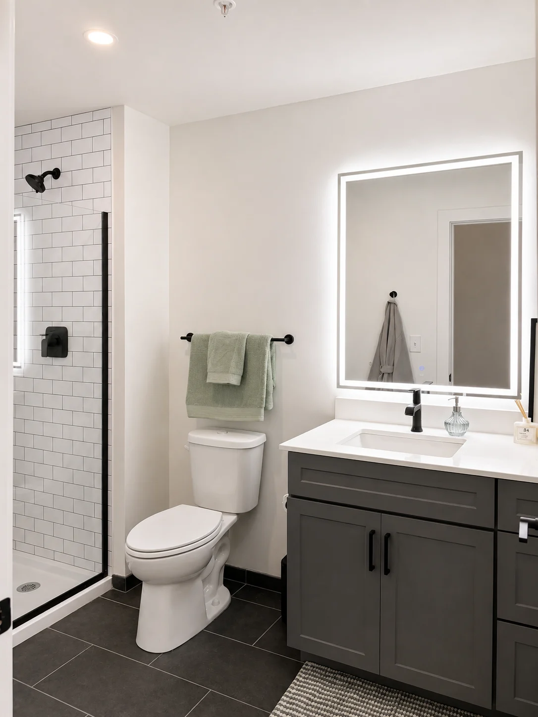 A white toilet sits next to a white sink in a bathroom