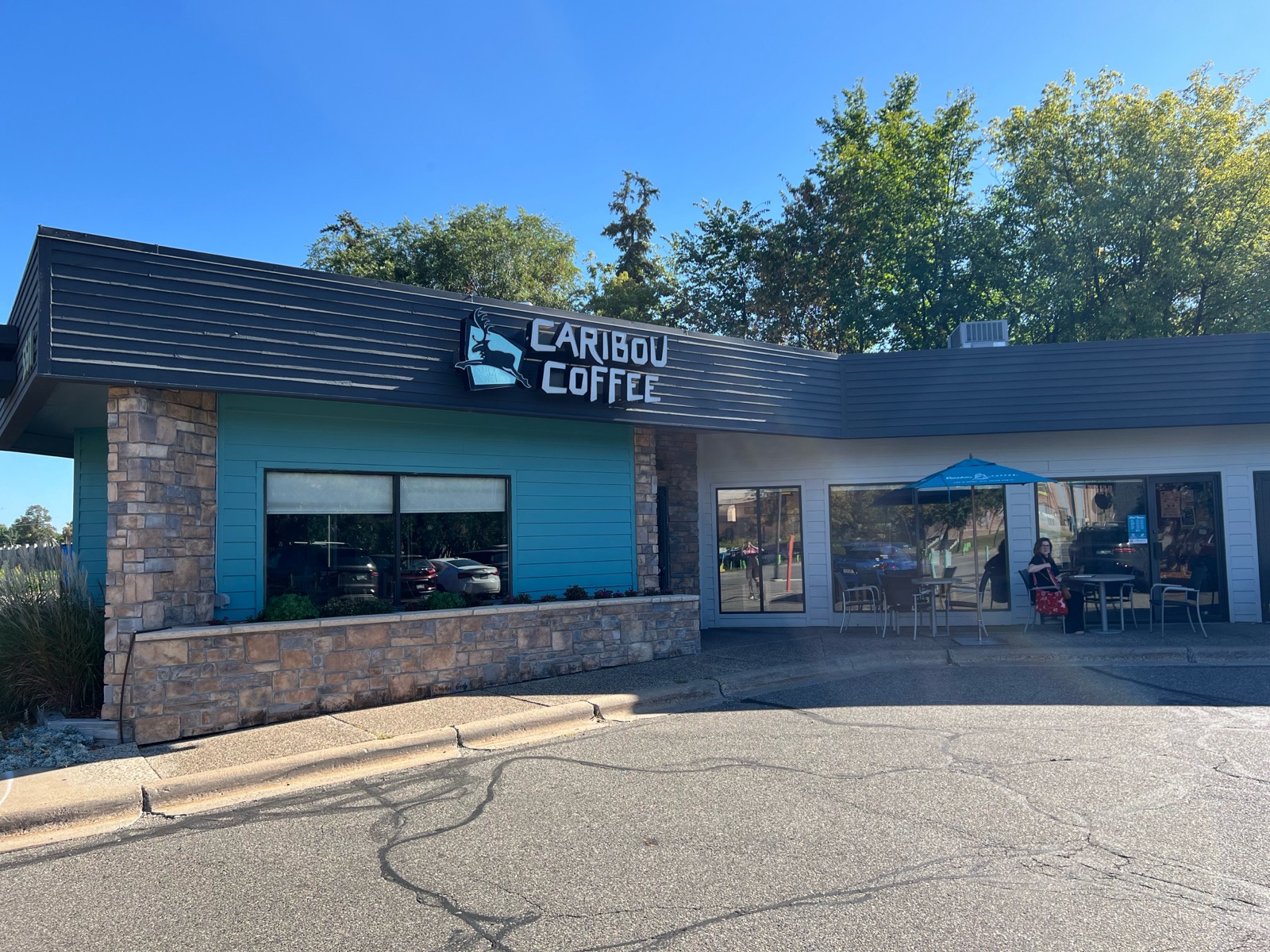 Storefront of the Caribou Coffee at 5551 West Lake Street in St. Louis Park