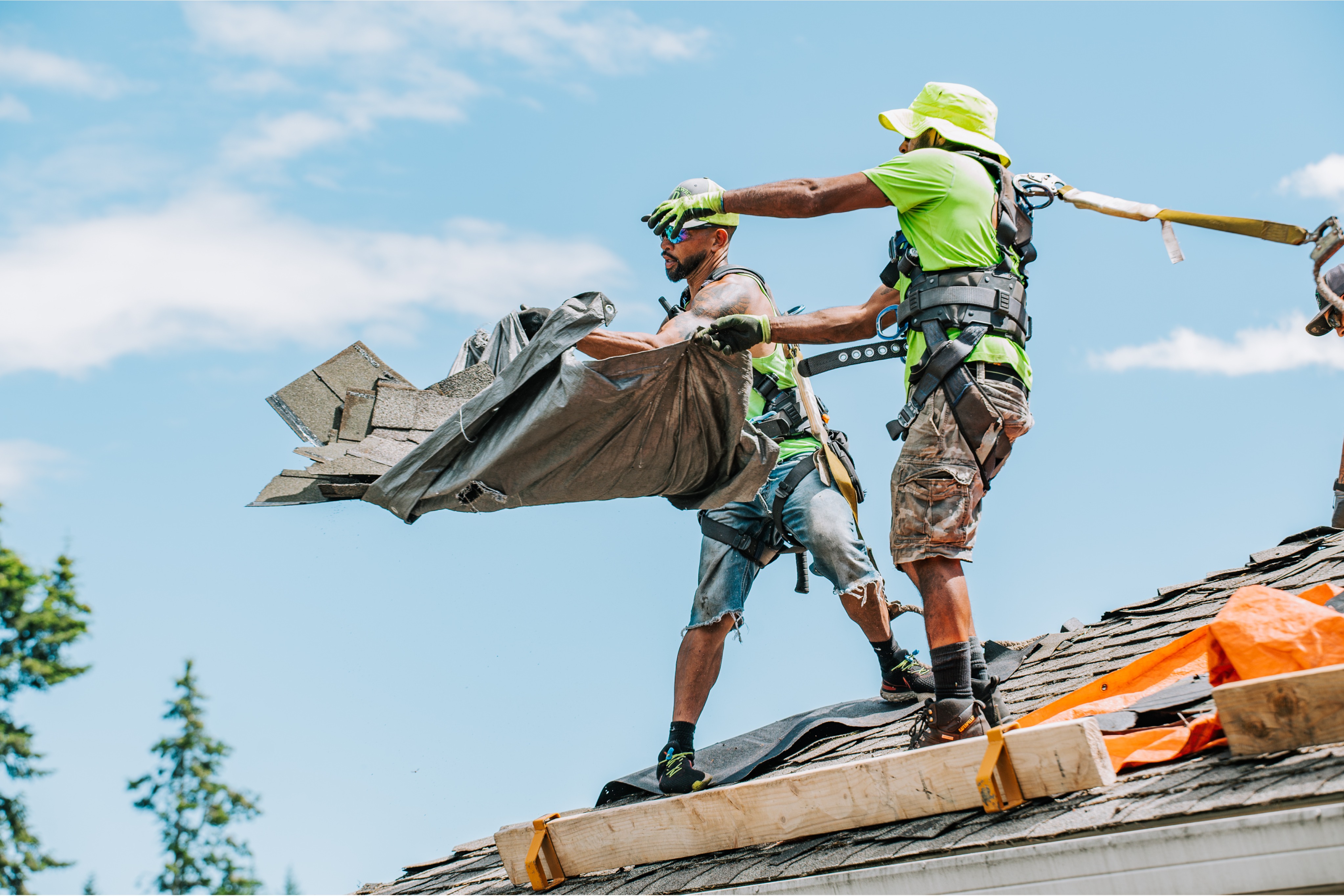 Roofing professional safely working on a residential asphalt shingle roof with fall-protection equip 