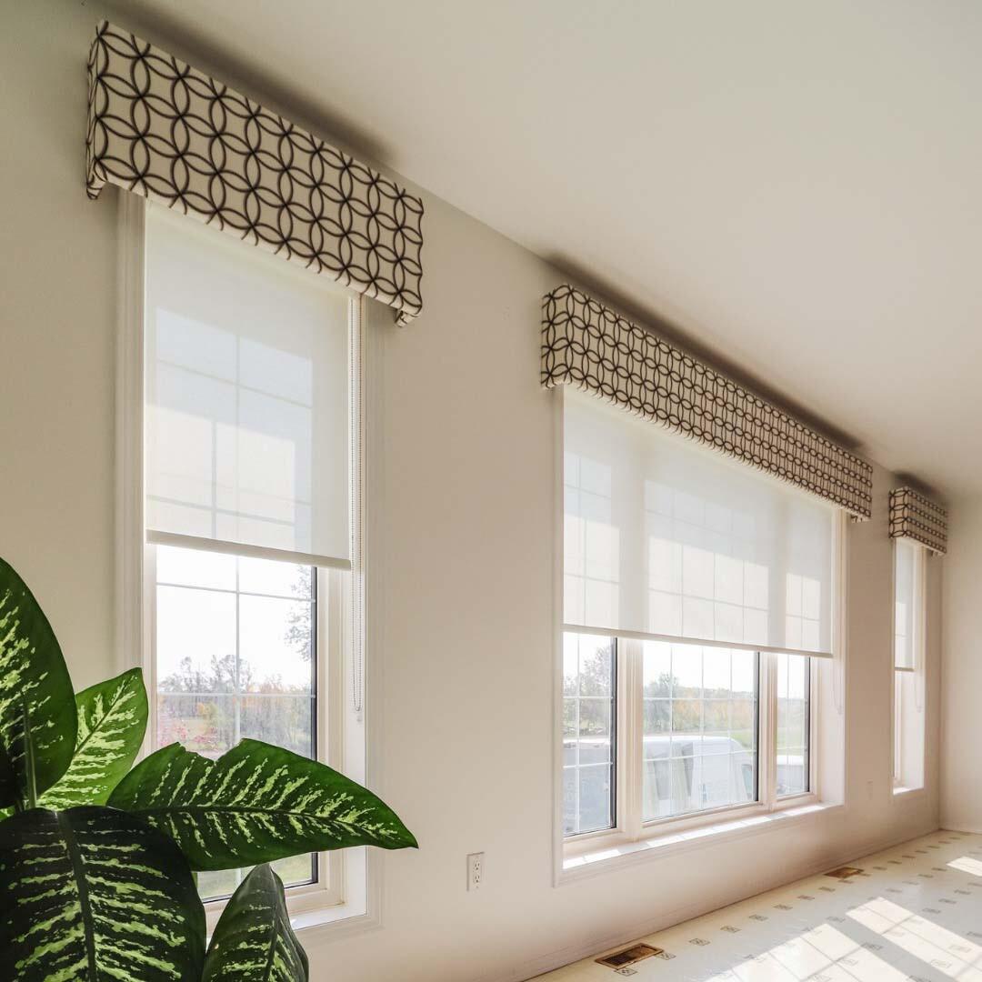 Beautiful combination of fabric cornice boards and solar shades Budget Blinds of Chilliwack, Hope and Harrison Chilliwack (604)824-0375