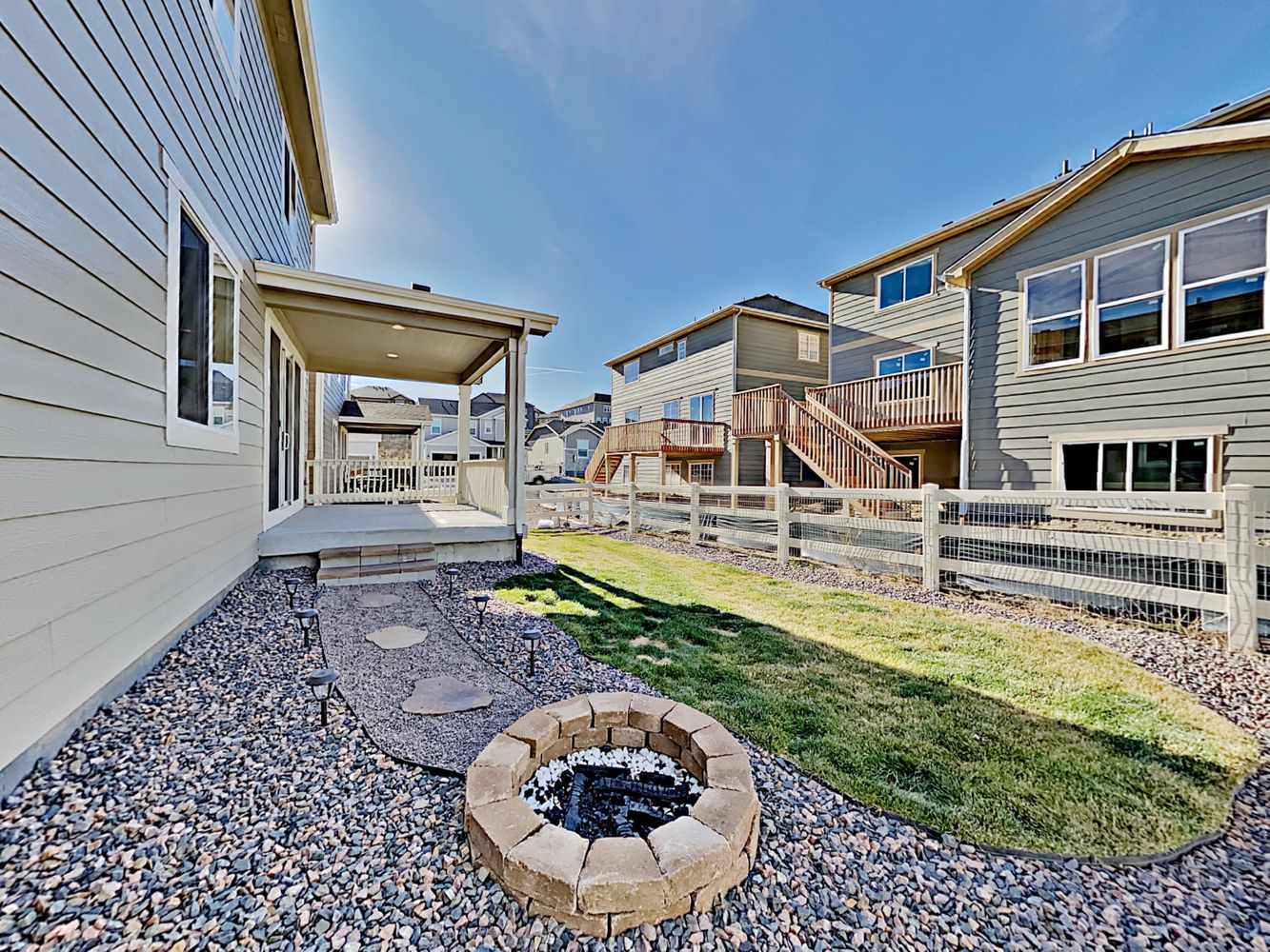 Backyard with covered patio, firepit, and fence at Invitation Homes Denver.