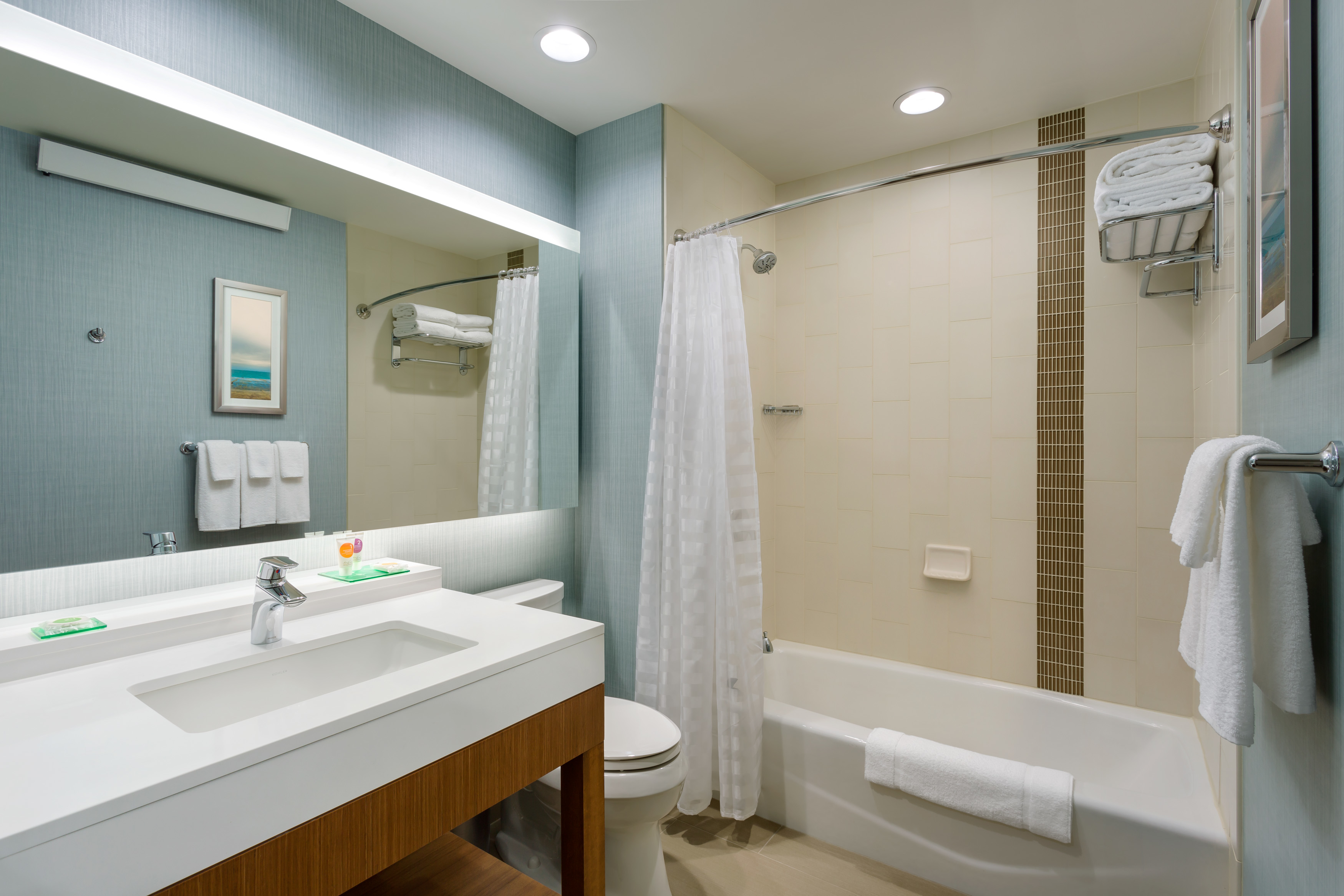 Our standard tub bathroom features deluxe bathroom amenities including shampoo, conditioner and a hair dryer.