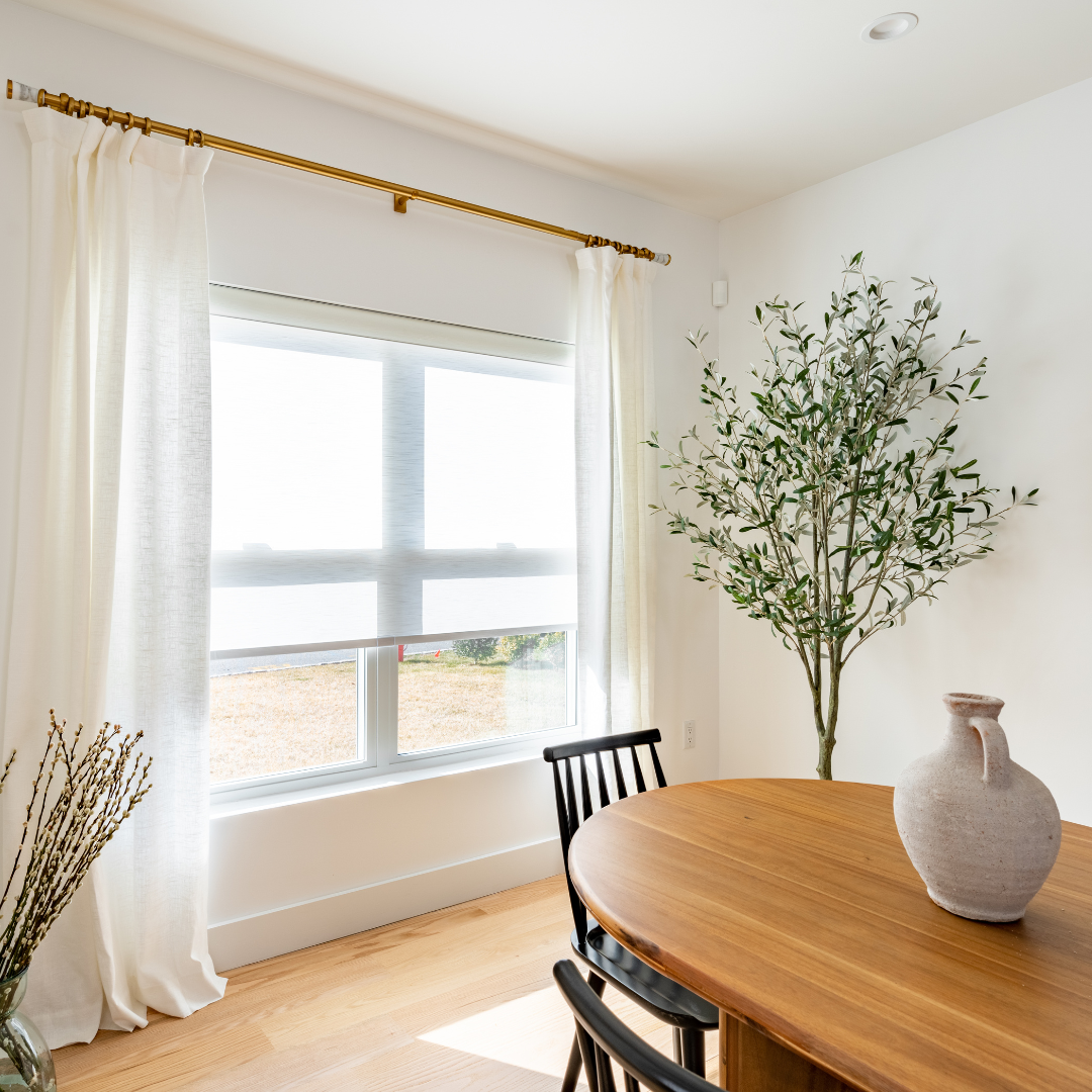 Sheer Roller Shade with drapes Budget Blinds of Port Perry Blackstock (905)213-2583