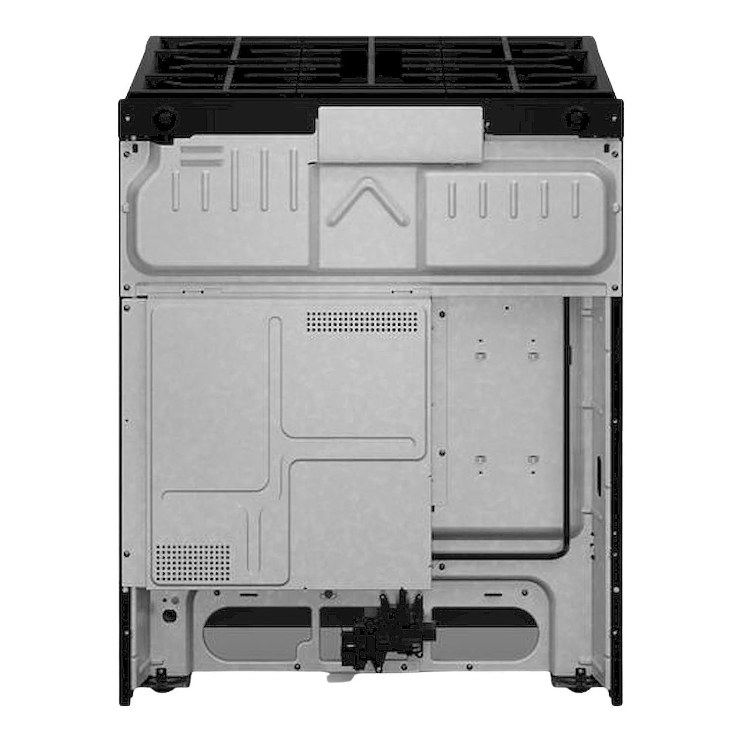 Rear view of a freestanding gas range displaying appliance construction details, ventilation components, and installation configuration, highlighting product engineering and residential kitchen appliance functionality.
