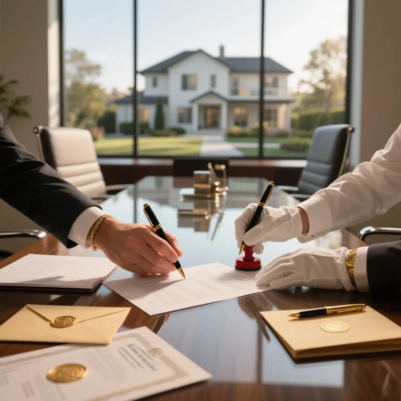 Two professionals signing and stamping official documents in a modern office with house visible outside, symbolizing property closing, legal verification, secure transactions, and completion of real estate ownership transfer process.