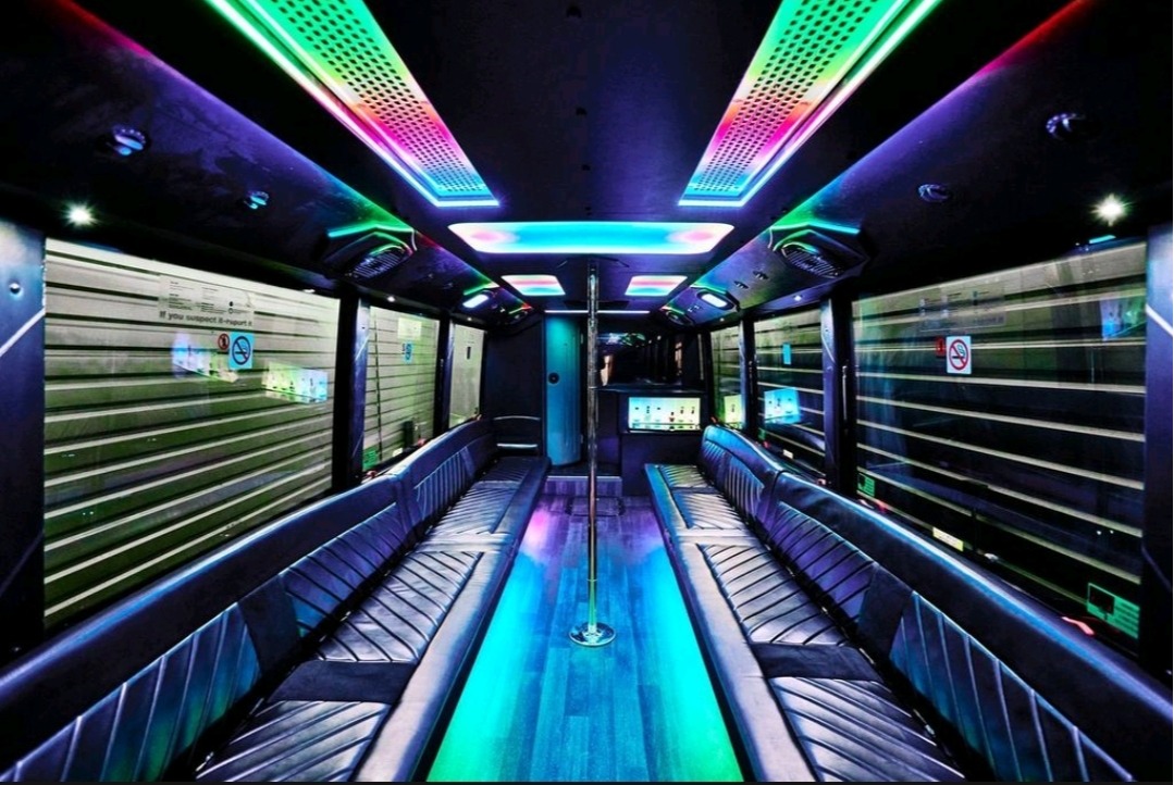 Las Vegas Party Bus 42 Passenger Party Bus Snake Eyes with two dance poles, state of the art sound and lighting.