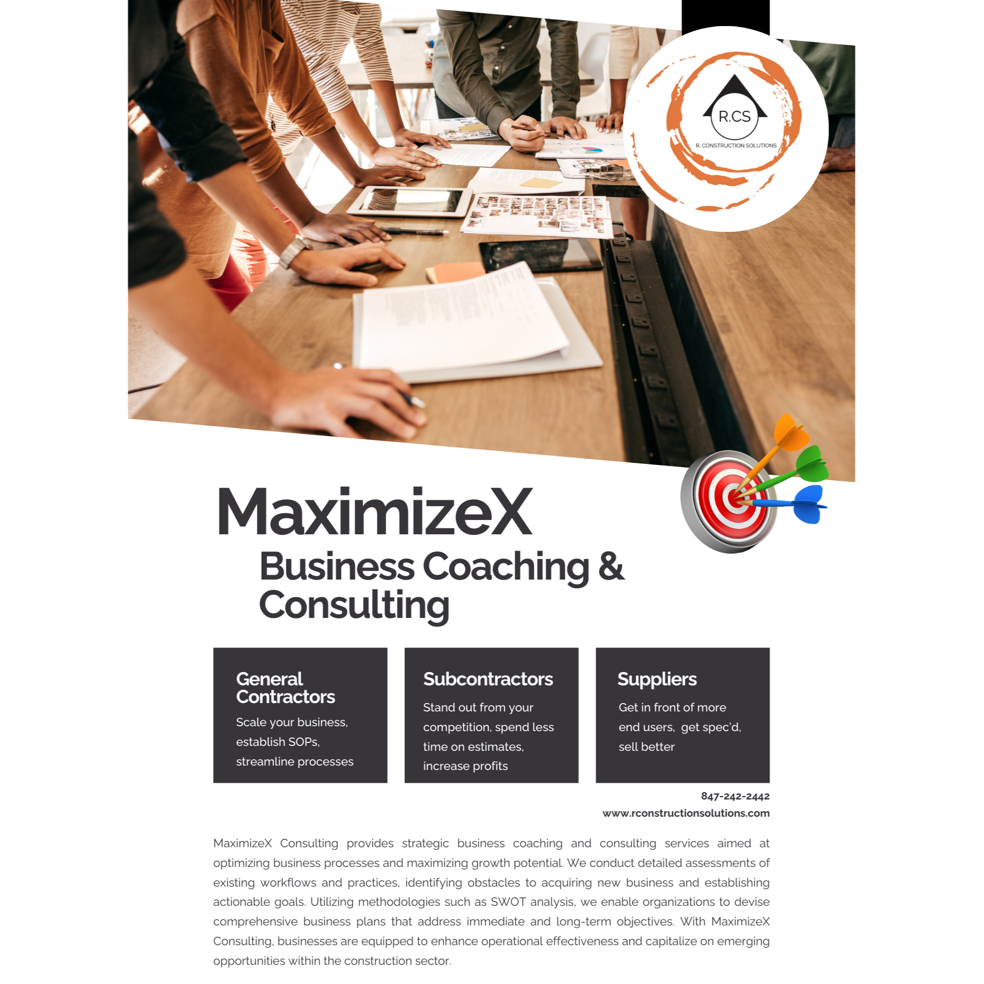 MaximizeX by R. Construction Solutions provides strategic business coaching and consulting using SWOT analysis and detailed workflow assessments to maximize growth potential. Helps general contractors scale, establish SOPs, and streamline processes. Helps subcontractors stand out, spend less time on estimates, and increase profits. Helps suppliers get in front of more end users and sell better.