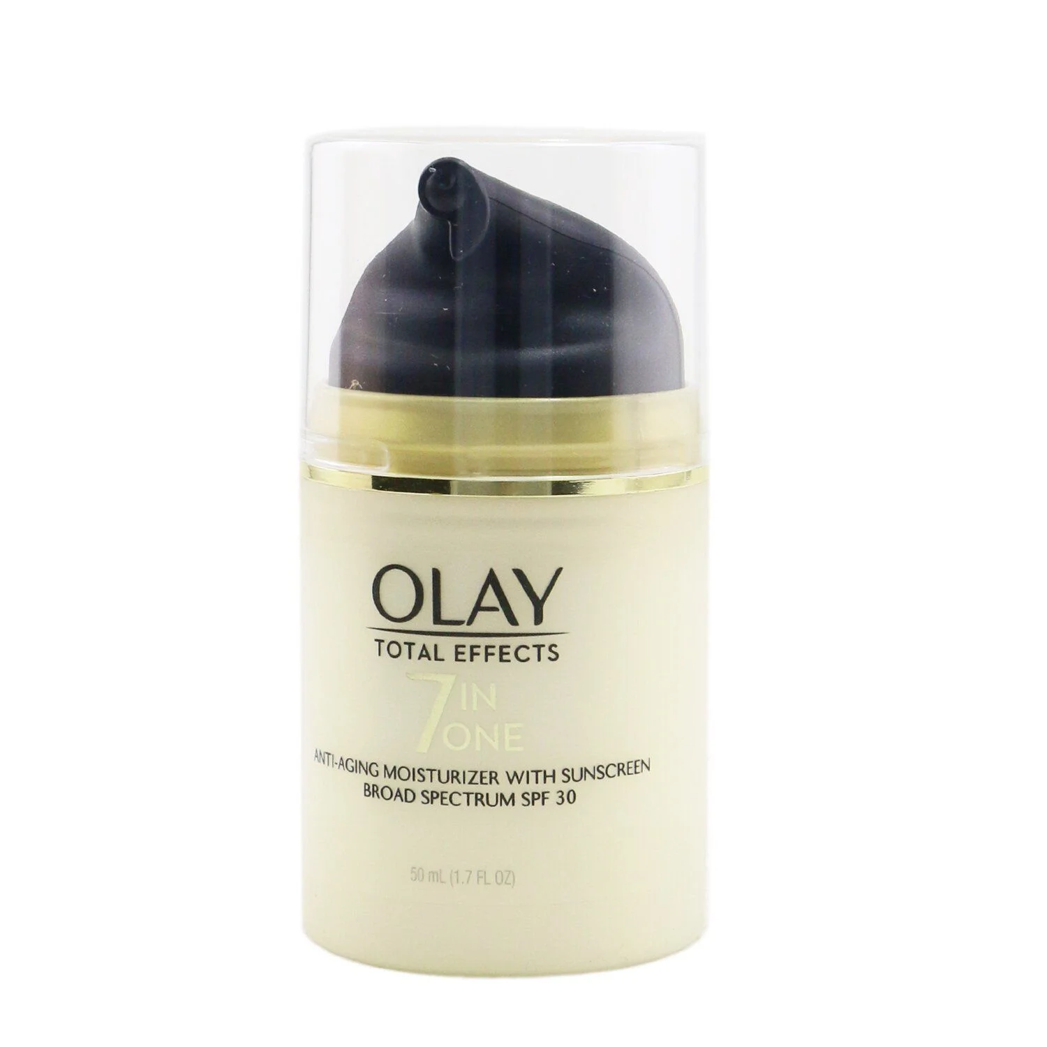 A bottle of Olay Total Effects 7 in One Anti-Aging Moisturizer with Sunscreen Broad Spectrum SPF 30 is shown on a white background. The bottle is a pale yellow color with a gold band around the neck. It has a clear plastic cap with a black pump dispenser.