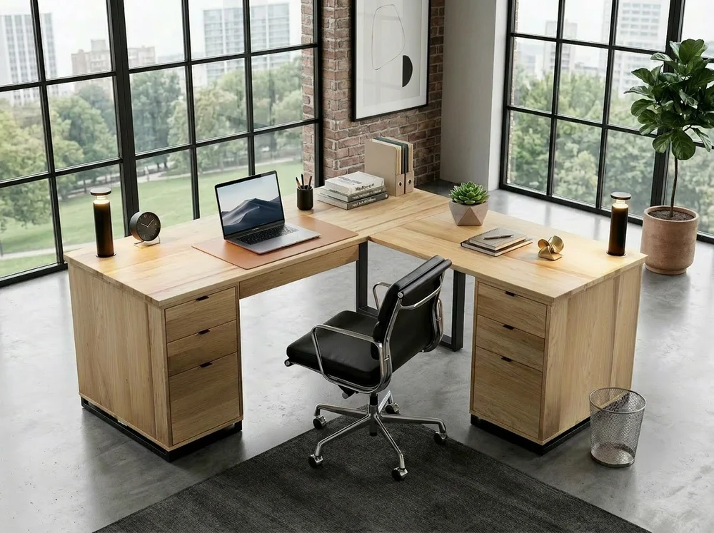 Lenox L-Desk by Foundry 39, a solid Maple wood L-shaped desk with a 75-inch main surface, 42.5-inch  