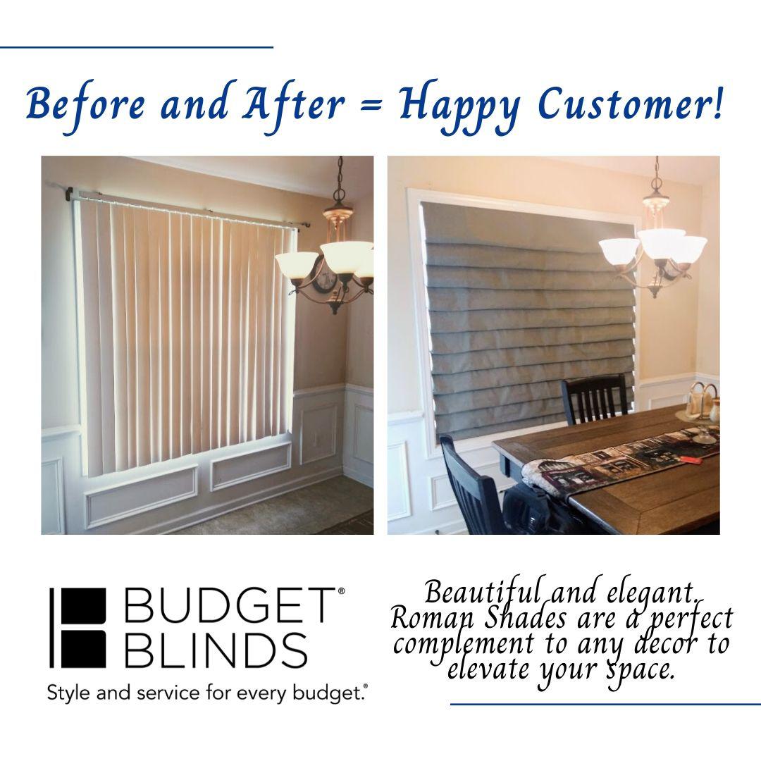 Before and After: a happy customer. Are you ready to replace out some out-of-style window treatments? This customer of ours was certainly ready to get rid of her old vertical blinds and replace them with this lovely Roman Shade. It adds a luxurious feel to the space