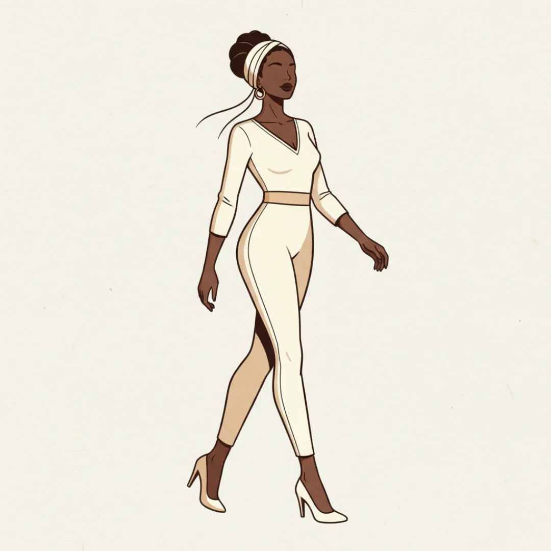 An illustration of a stylish Black woman walking confidently. She has her hair styled in a bun with a white headband, and she is wearing a cream-colored, form-fitting jumpsuit with a V-neck and three-quarter sleeves. The jumpsuit has a contrasting belt at the waist. She is also wearing matching cream-colored high heels and large hoop earrings. The background is a plain, light beige.