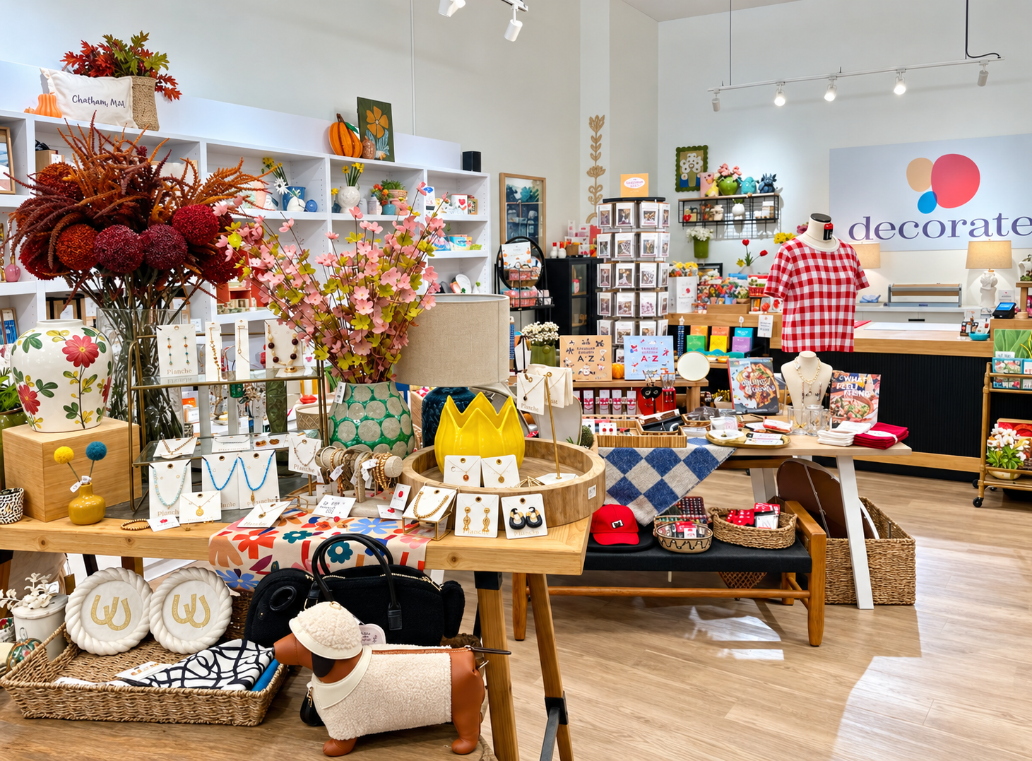Decorate’s boutique display features stylish jewelry, handbags, floral arrangements, pillows, lamps, 