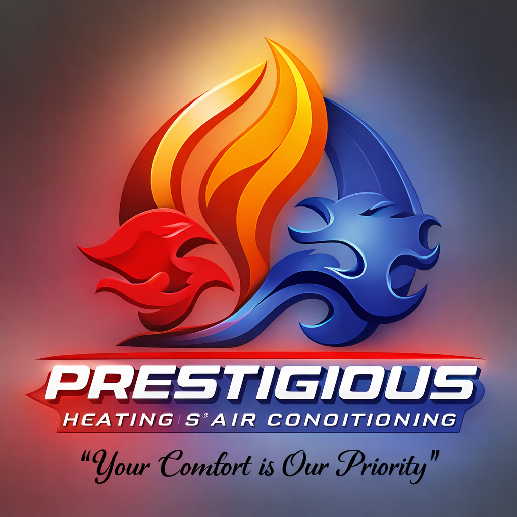 Prestigious Heating & Air Conditioning company logo representing trusted HVAC repair, installation, maintenance, heat pump, furnace, air conditioning, ductwork, and indoor comfort services throughout North County San Diego.