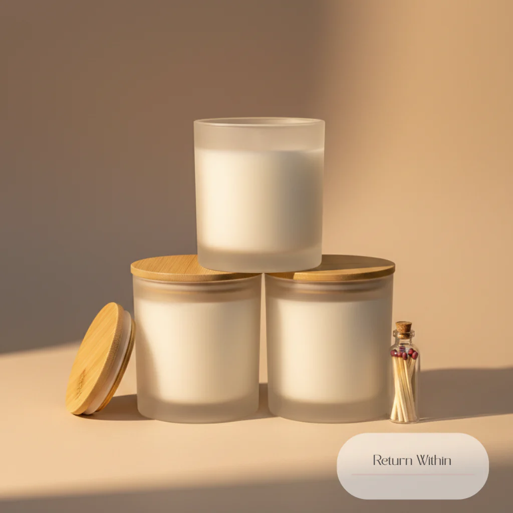 Three frosted glass candles with wooden lids are arranged in a still life. One candle is stacked on top of two others, creating a triangular formation. A separate wooden lid is placed to the left of the candles, and a small glass bottle filled with red-tipped matches stands to the right. The background is a gradient of warm beige tones, with soft lighting casting shadows. A rounded, semi-transparent banner with the text "Return Within" is positioned at the bottom right corner of the image.