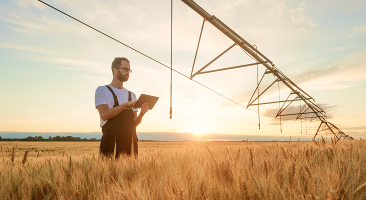 Man in overalls surveying a field with an industrial element overhead.