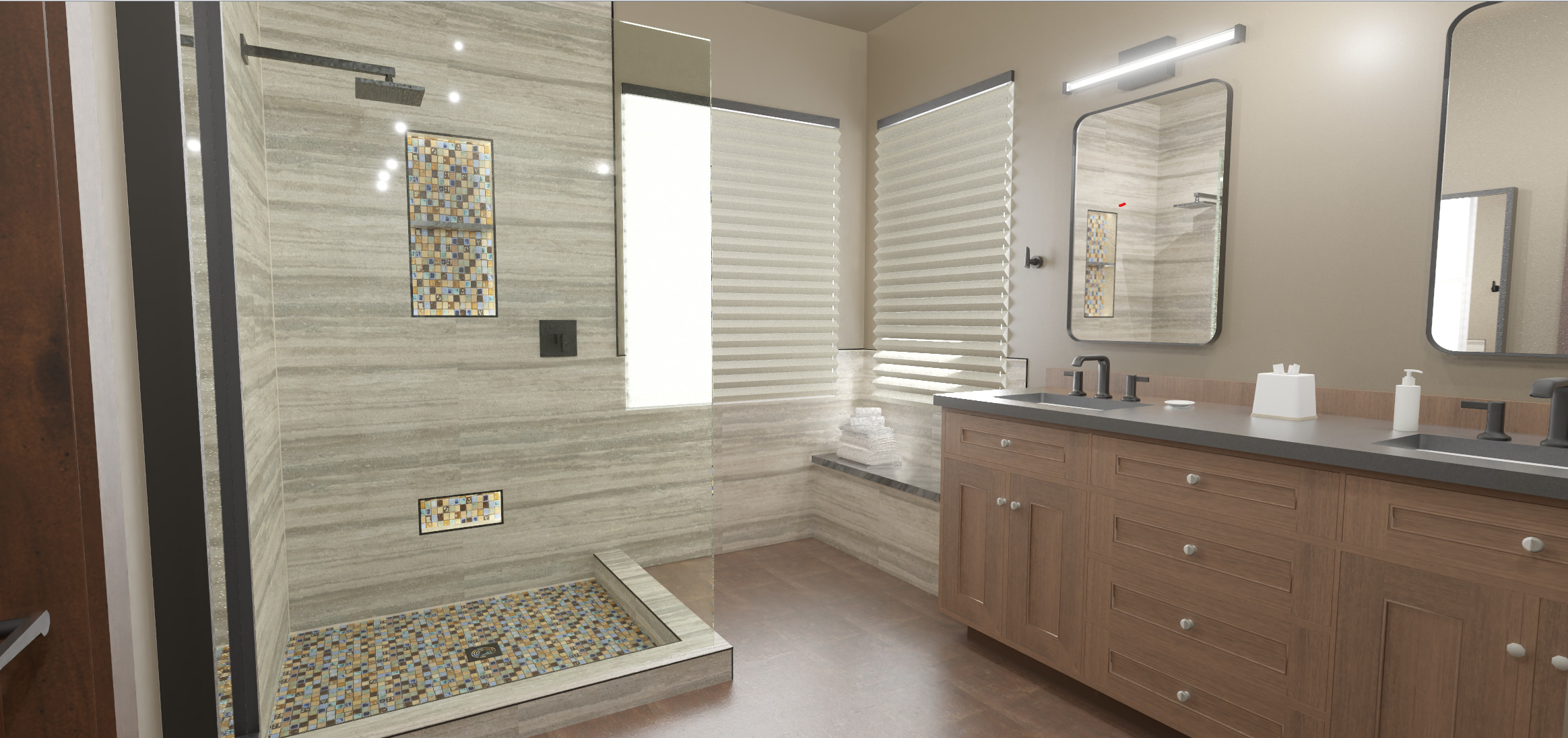 Ledezma Remodeling brings elegance to life with this stunning bathroom remodeling design, featuring a spacious shower and stylish vanity. Visit our website to book your free consultation for a home or bathroom renovation and 3D rendering services.