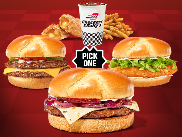 Two sandwiches with Pick 1 arrow, apple pie, fries, drink