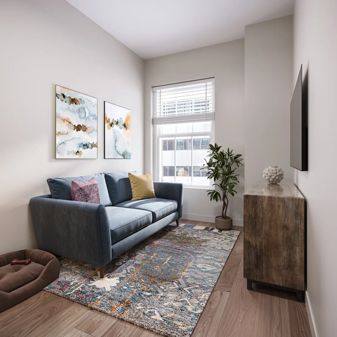 A living room with a grey couch, a rug, a plant, and a TV. 