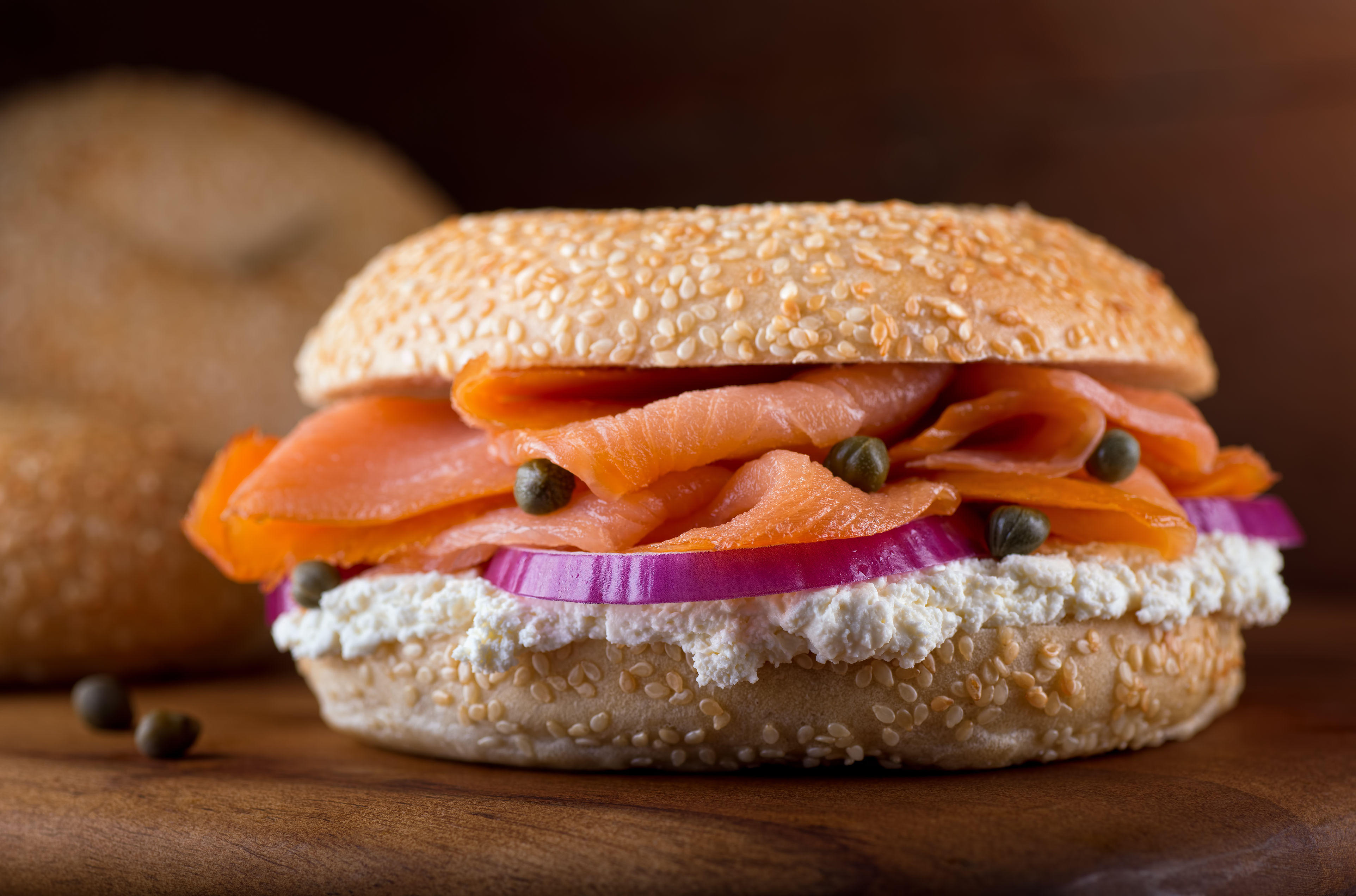 Hand-sliced Nova salmon with cream cheese, capers and red onions on a fresh baked sesame bagel.