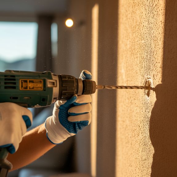 A person wearing white and blue gloves is holding a green and black drill and drilling a hole in a t 