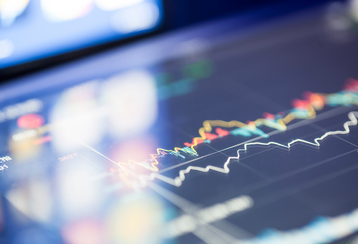 A close-up of financial charts on a screen.