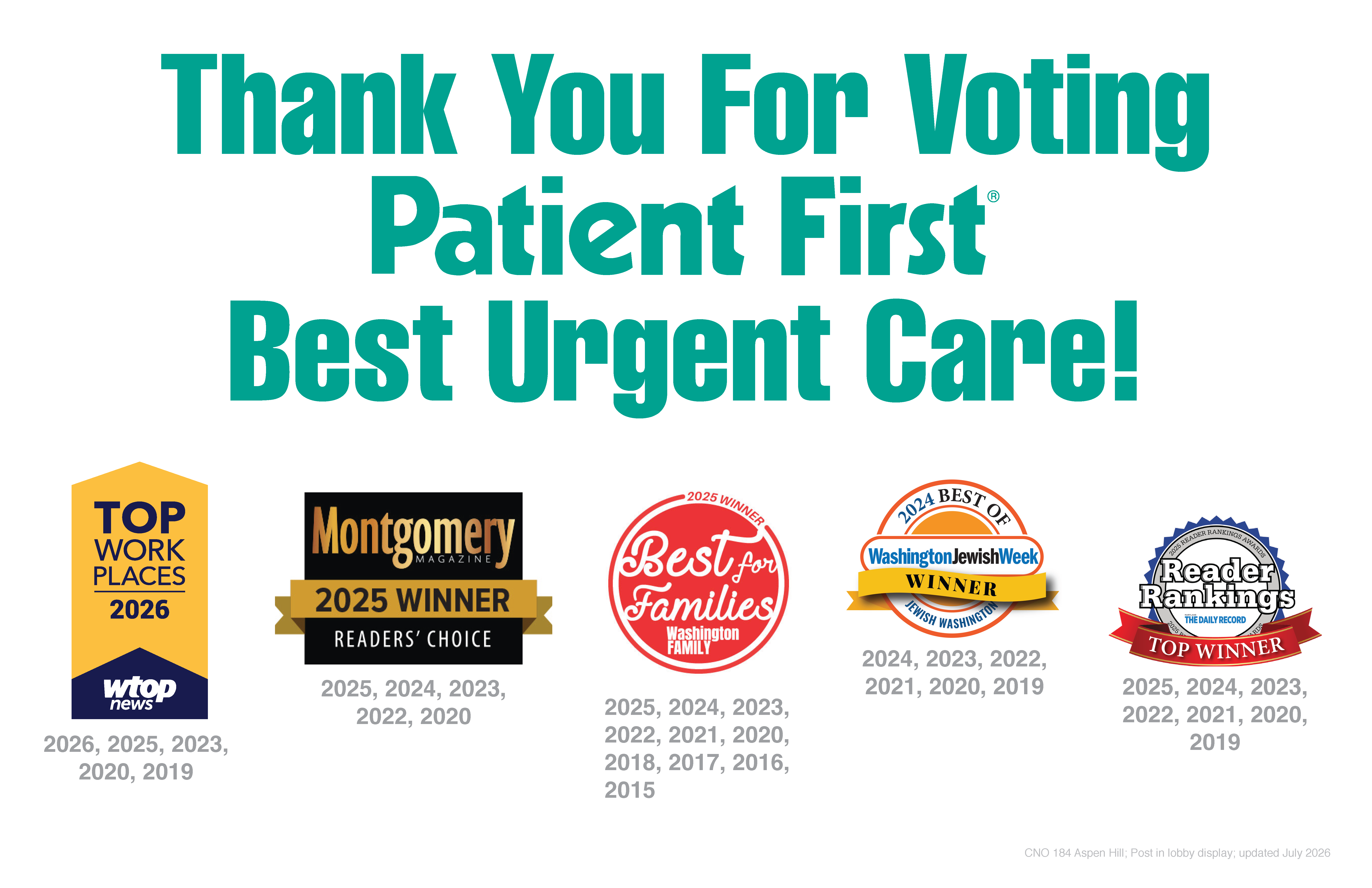 Thanks for voting Patient First “Best Urgent Care”