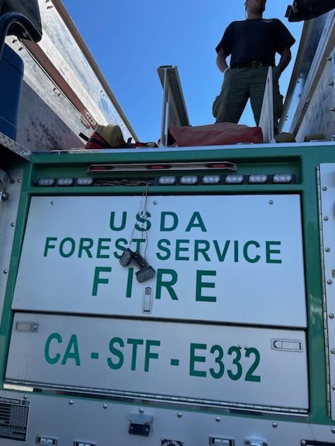 Rear of green USDA Forest Service fire truck marked CA-STF E332, with equipment compartments and warning lights, while a person stands above the vehicle beneath a clear blue sky outdoors.
