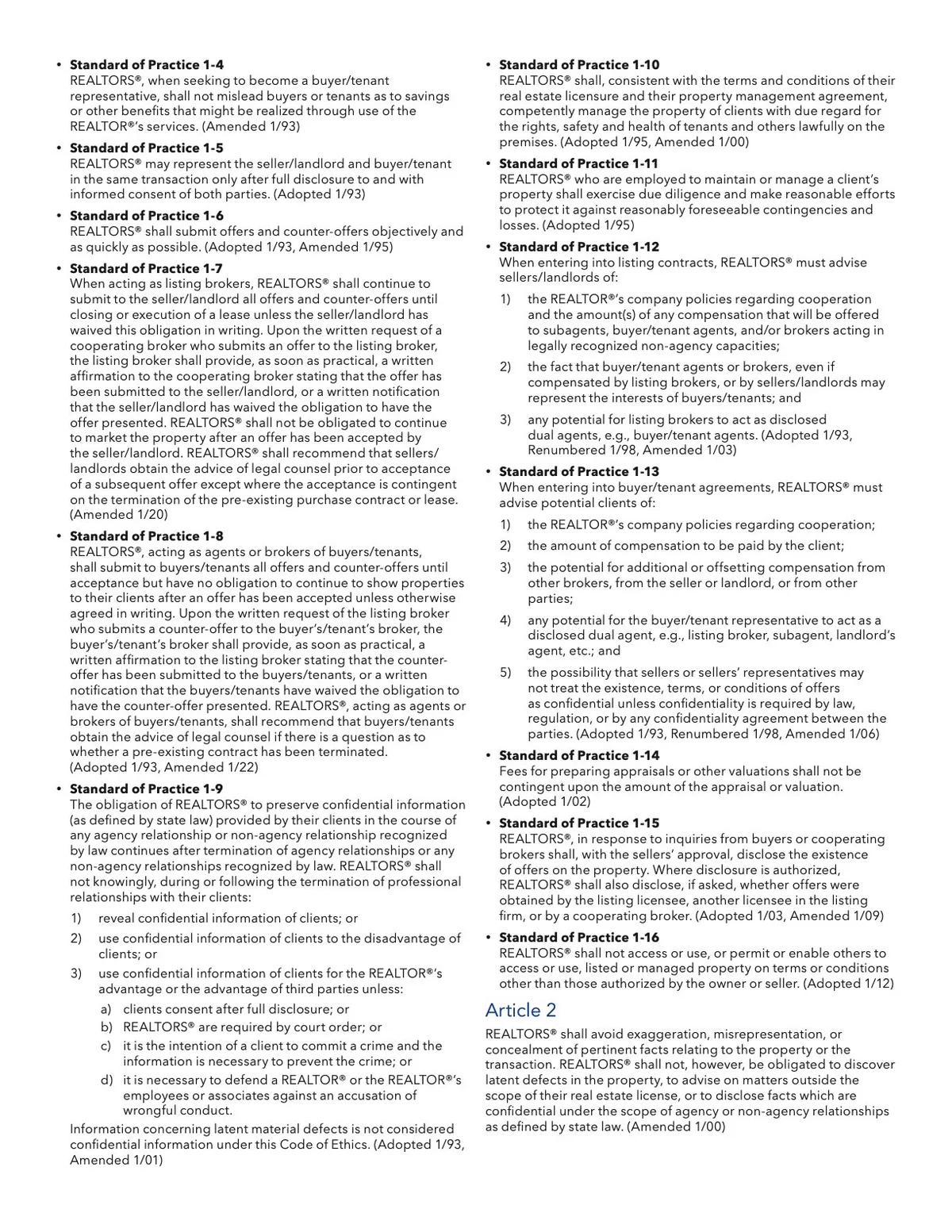 This is a document containing a list of "Standards of Practice" and "Article 2" related to real estate, likely from a professional code of conduct or regulations. Each standard is numbered and briefly described, covering aspects like client representation, offer submission, confidentiality, cooperation between brokers, and prohibitions against misrepresentation. The text is presented in two columns with bullet points.