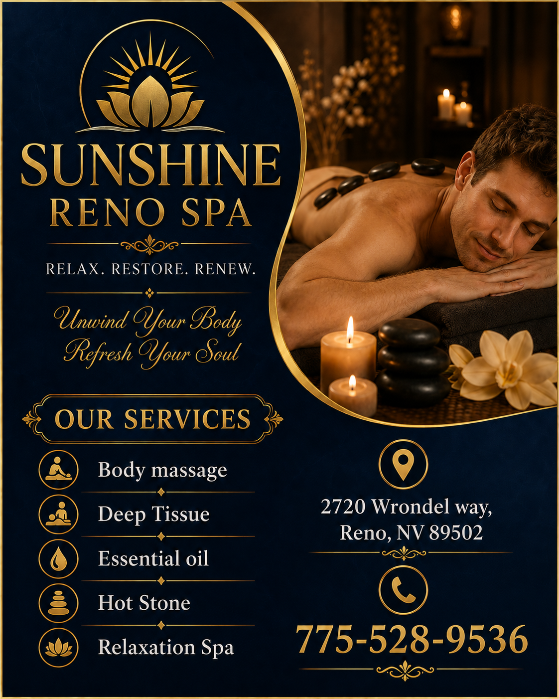 The full body massage targets all the major areas of the body that are most subject to strain and
discomfort including the neck, back, arms, legs, and feet.
If you need an area of the body that you feel needs extra consideration,
such as an extra sore neck or back, feel free to make your massage therapist aware and
they will be more than willing to accommodate you.