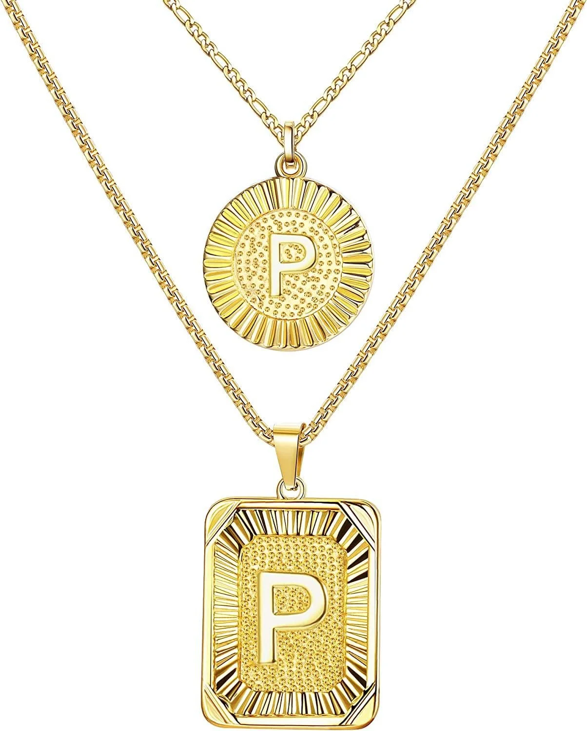 A close-up studio shot features two gold-toned necklaces, each with a pendant bearing the letter 'P'. The top necklace has a round pendant with a sunburst design and a textured interior surrounding the letter. The bottom necklace features a rectangular pendant, also with a sunburst-style border and a textured fill around the raised letter 'P'. Both necklaces are displayed against a plain white background.