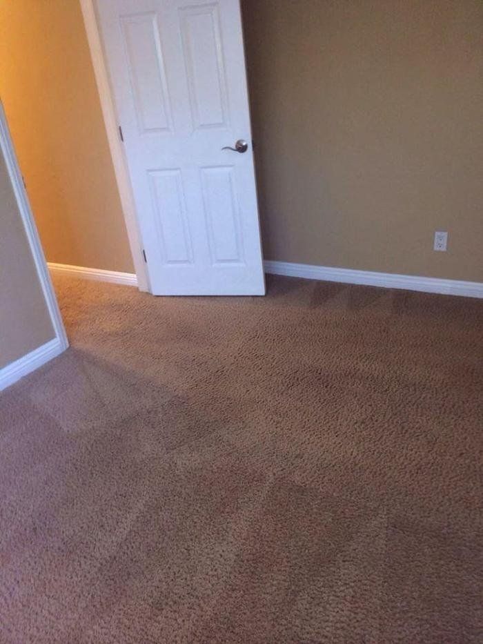 Bedroom with freshly cleaned carpet showing visible vacuum lines, beige walls, white door, and trim, highlighting professional carpet cleaning results and neat, well-maintained residential interior space.