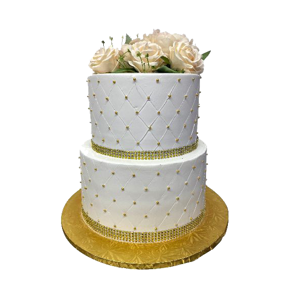 The House of Marissa's Cake - 2 tier anniversary cake white and gold with natural roses