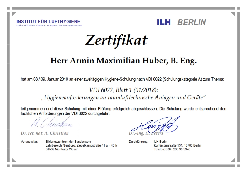 Zertifikat Lufthygiene - Huber Fm München