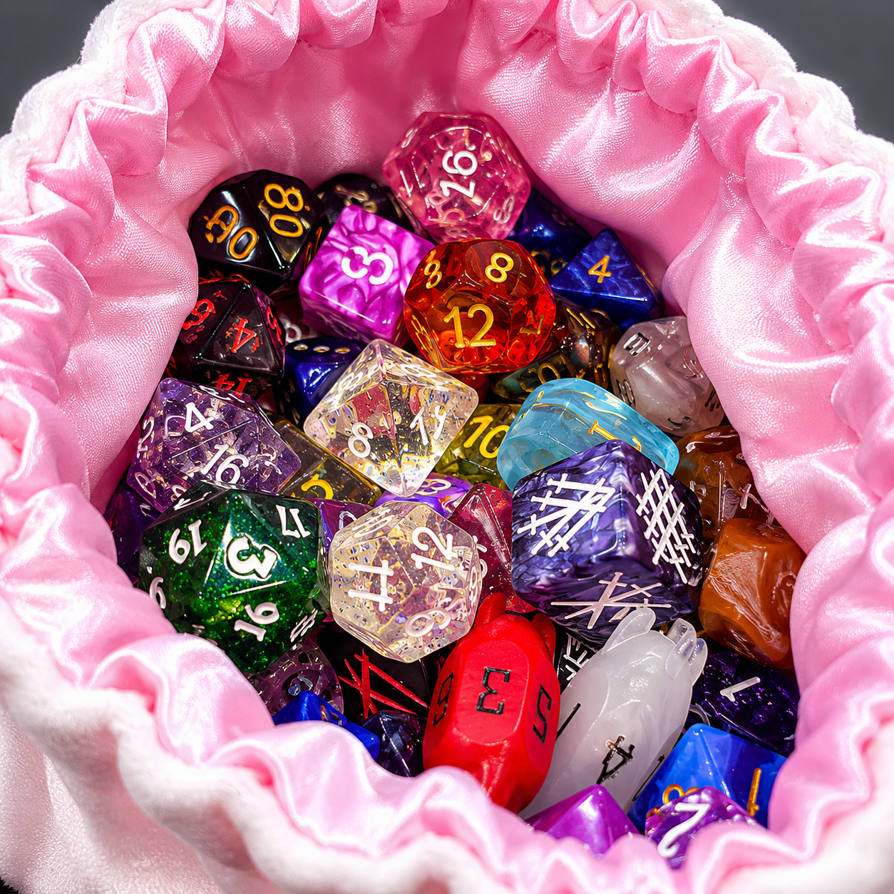 Collection of colorful tabletop gaming dice available at The Game Chest. 