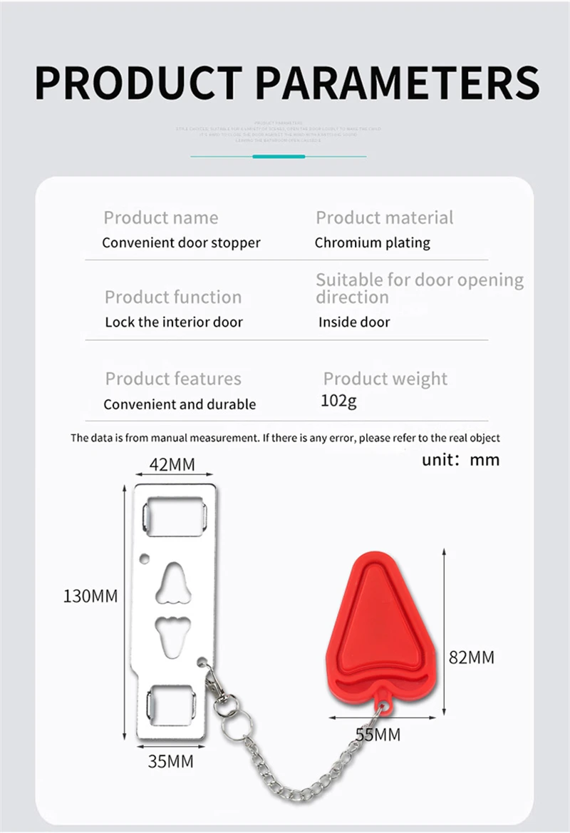 Product parameters for a convenient door stopper are displayed, along with images and dimensions of the product. The text details the product name, material, function, features, and weight. The product itself consists of a silver-colored metal piece with various cutouts and a red triangular rubber stopper attached by a silver chain.