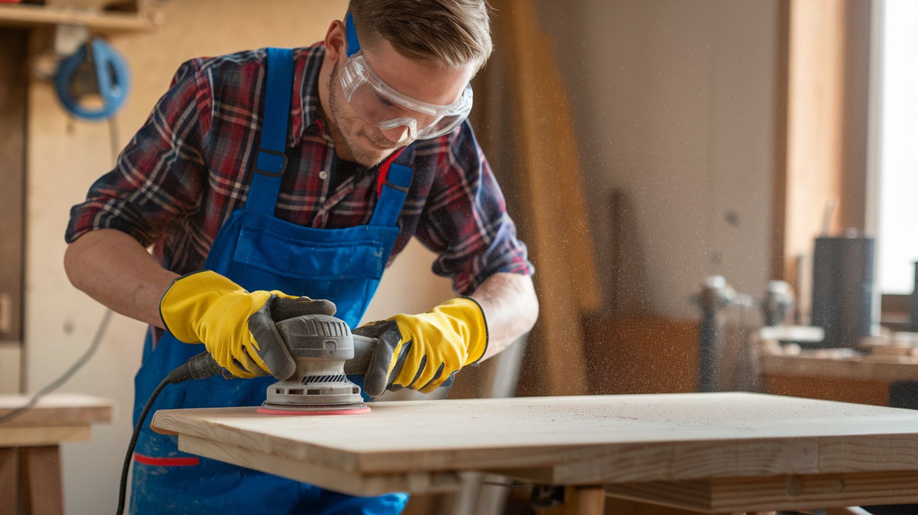 A man wearing blue overalls, a red and black plaid shirt, yellow gloves, and safety glasses is sandi 