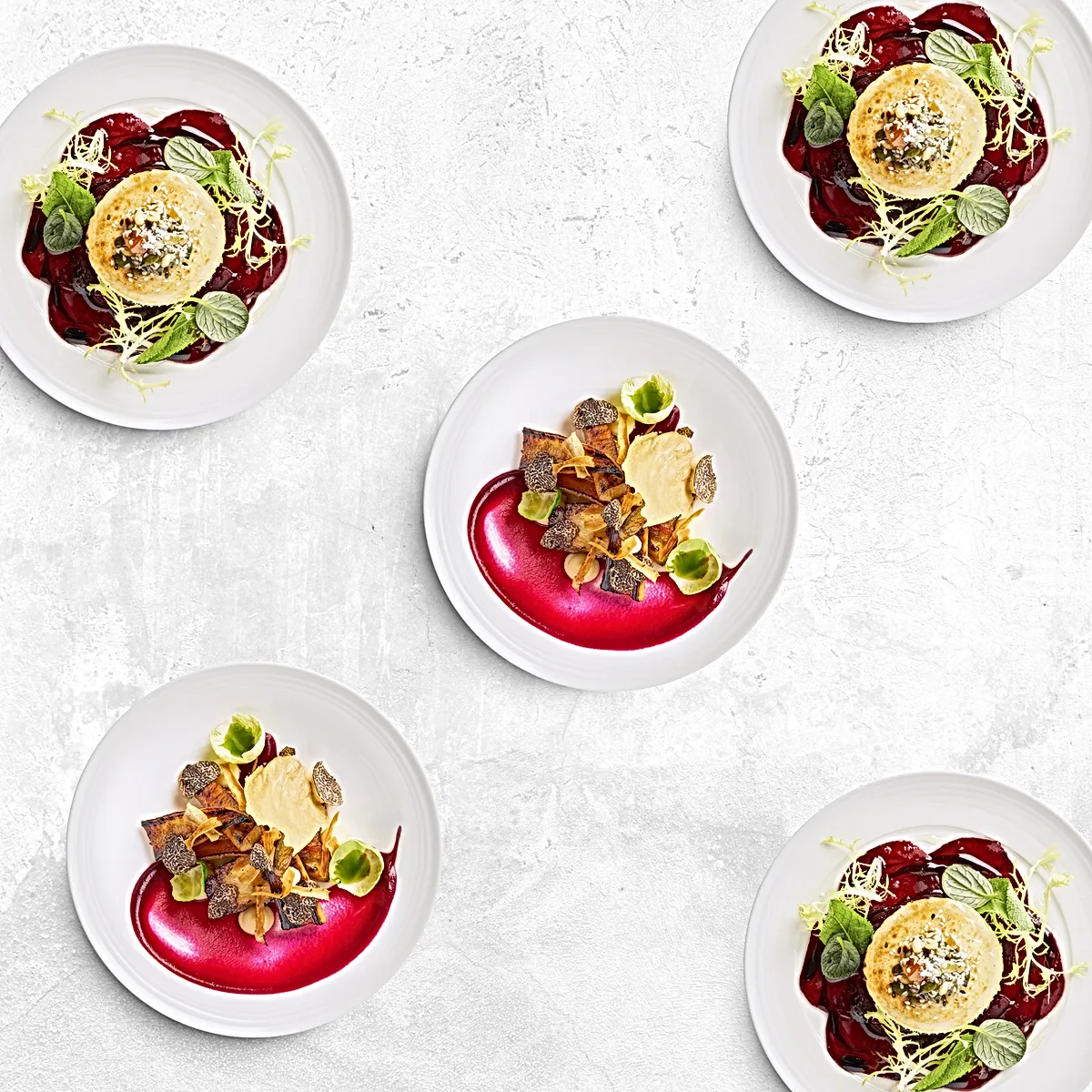 A top-down, flat lay view of five artistically plated dishes arranged on a textured light gray surface. The plates are white and circular, each containing a unique culinary creation. Two of the plates on the left and right sides feature a round, breaded item topped with herbs, set against a deep red sauce and delicate greens. The three central plates showcase a more complex arrangement of diced ingredients, possibly roasted vegetables and mushrooms, with a dollop of a light-colored purée or sauce and a vibrant red sauce swirled on the side.