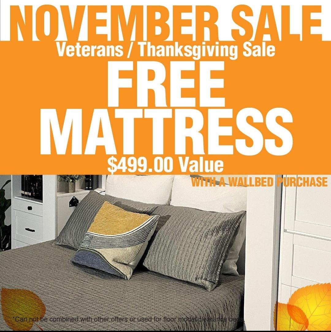 Thanksgiving Sale! Get a FREE Wave Mattress
with your Wallbed or Murphy Bed Purchase at Wall Beds N More.