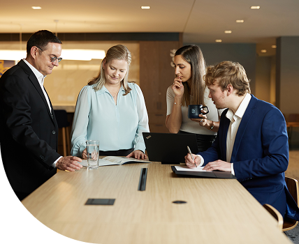 Daniel Leduc, Julie Gagnon, Amanda Colella, and Jackson Richards collaborating.