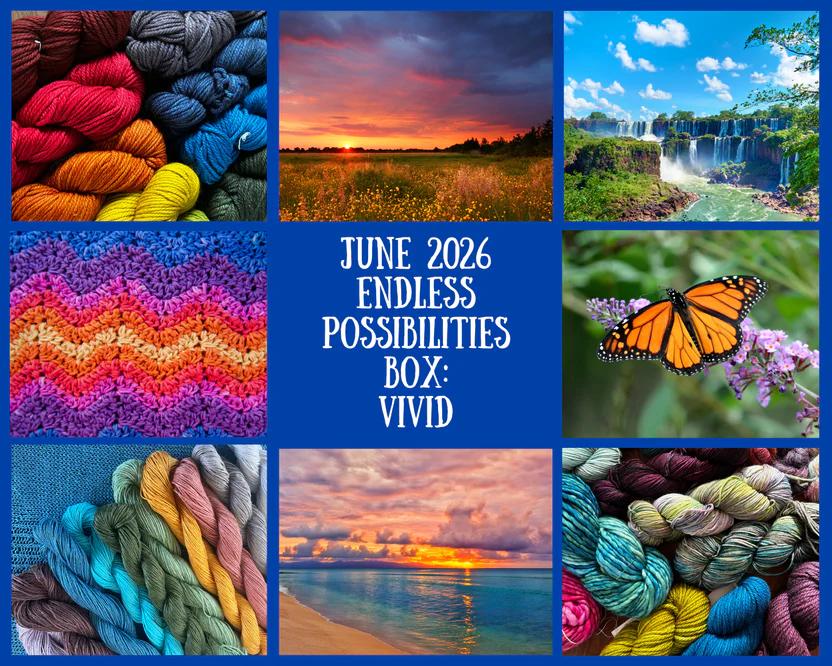In 2026, our Endless Possibilities Boxes will take you on a journey through color and texture in your crafting. Each box will feature gorgeous yarn, thoughtfully designed patterns, and a few delightful surprises to spark your creativity and imagination. We hope these boxes will bring joy and inspiration to your crafting. Endless Possibilities Boxes make great gifts for knitters and crocheters!
Vivid -- June 2026
With the warmer weather, we’re diving into rich colors. Think easy, breezy projects that can accompany you anywhere you go.