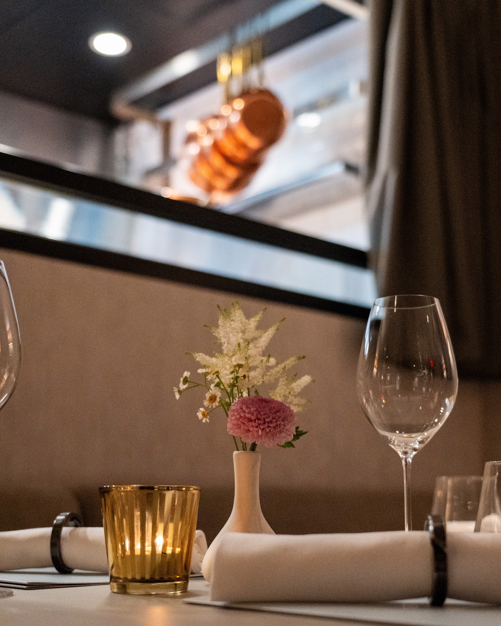 A table set for dinner at Essential by Christophe. In the dining room on Manhattan's Upper West Side.