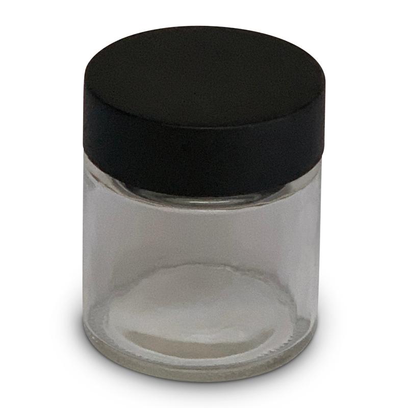 Glass jar with black lid for Gold Seal. Custom packaging by PLC Print.