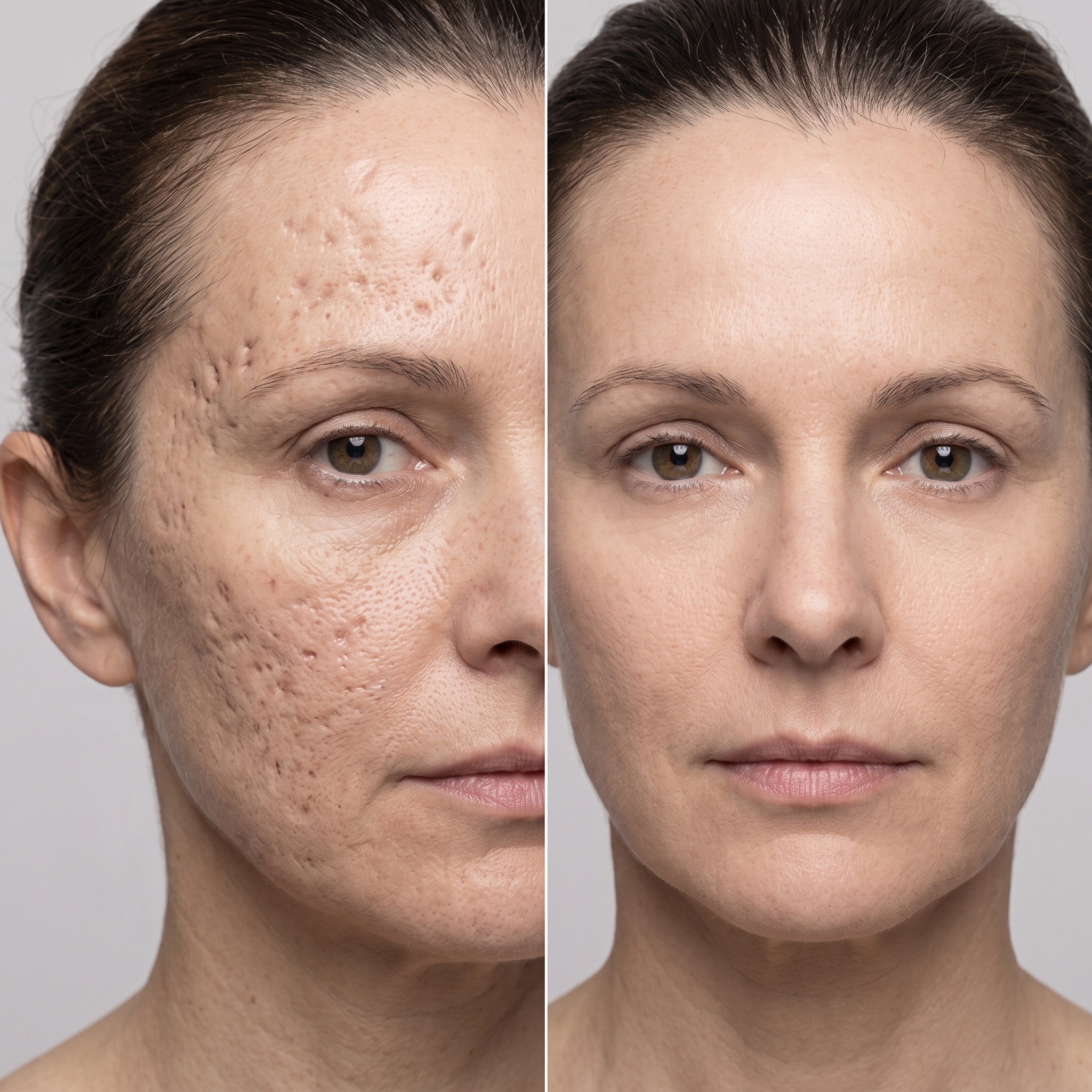 Before-and-after facial image showing a visible reduction in depressed acne scars and pitted skin te 