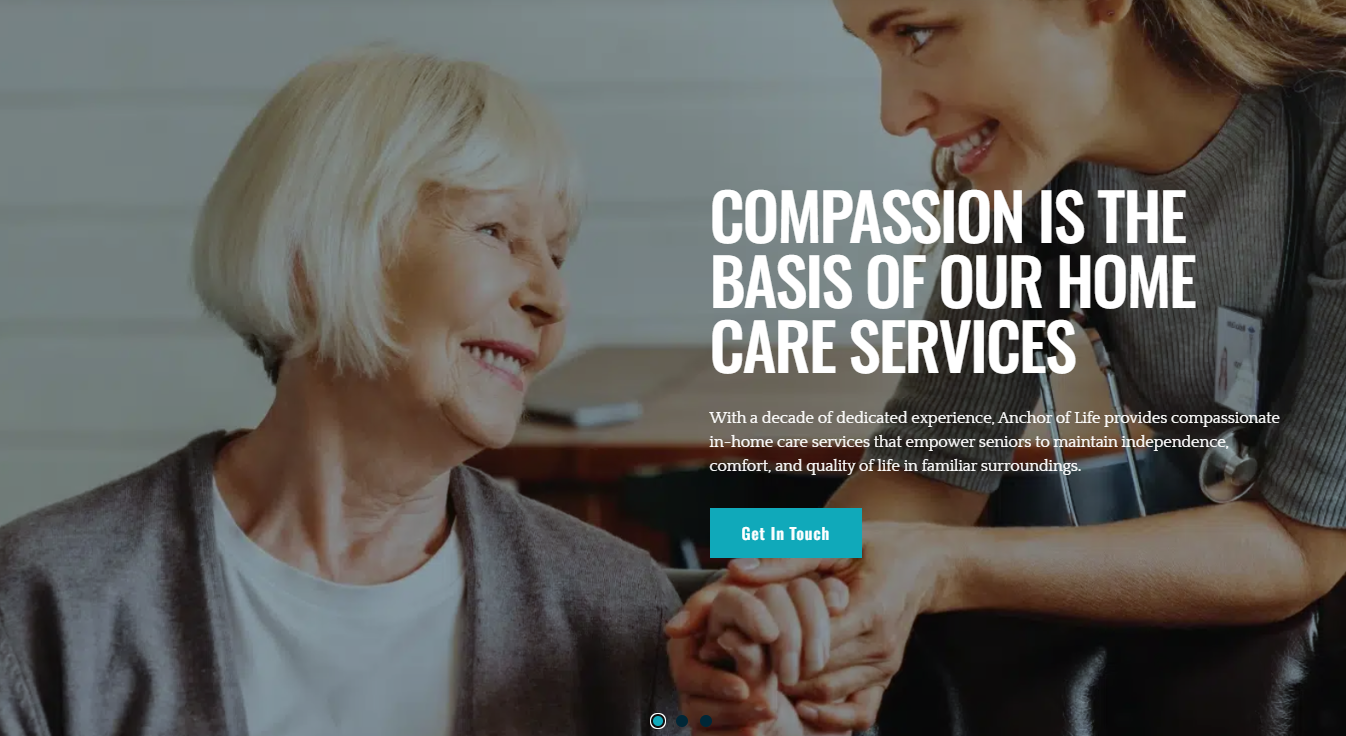 A close-up of a younger person's hands holding an older person's hands, with the older person smiling. The text "COMPASSION IS THE BASIS OF OUR HOME CARE SERVICES" is overlaid on the image. Below the text is a description of the services offered, and a "Get In Touch" button.