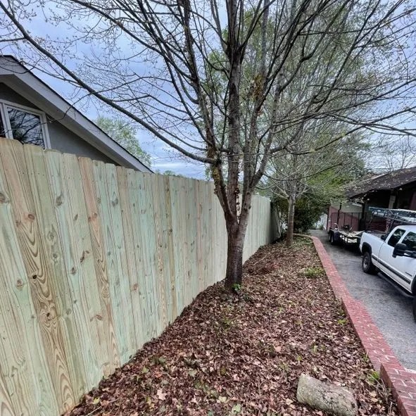 New wooden fence along tree-lined sidewalk with parked cars nearby.