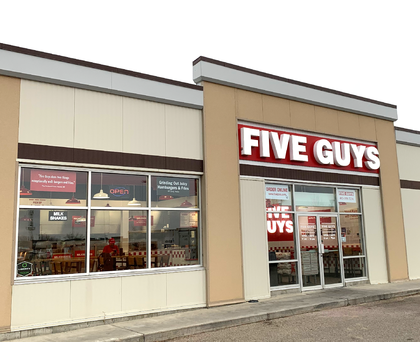 Entrance to the Five Guys restaurant at 2030 50th Avenue in Red Deer, Alberta, Canada. Five Guys Red Deer (403)358-3236